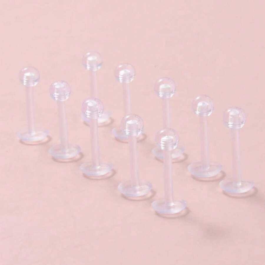 Set de 10 piezas de pendientes de bola redonda transparente acrílica invisible y anillos de labio - Blanco - Ver 1