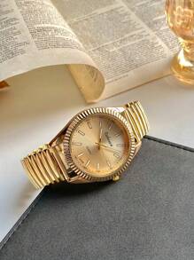 1 pieza Reloj de cuarzo vintage para hombres y mujeres con esfera grande, manecillas, números arábigos y banda elástica