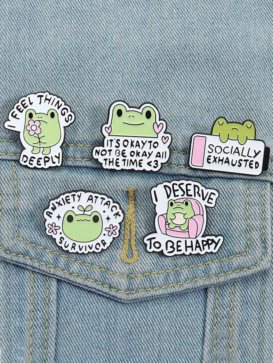 5pcs Green Frog Enamel Needle Cartoon Cute Animal Badge Accessories, Bags, Clothes, Jewelry Accessories, Daily Gifts For Friends - Green - View 1
