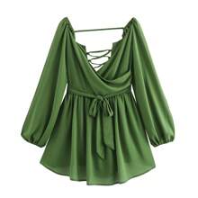 New V-Neck Solid Color Elegant Pleated Dress For Women - Green - View 6