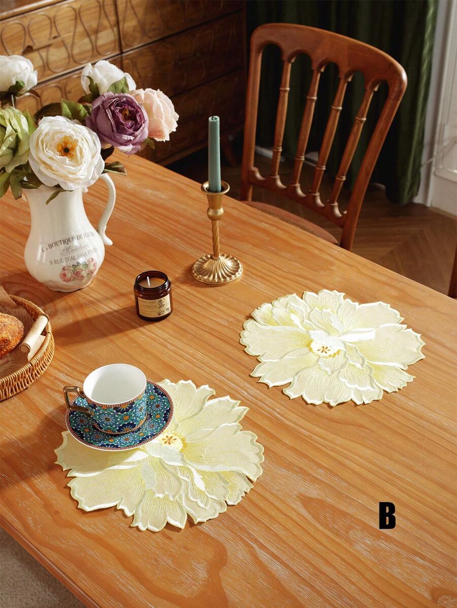 1pc Countryside Thick Heat-Insulated Non-Silicone Embroidered Peony Coaster - Light Yellow - View 1