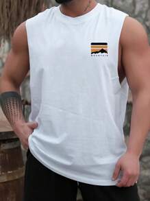 Plus Size Men's Letter Print Round Neck Tank Top - White - View 3
