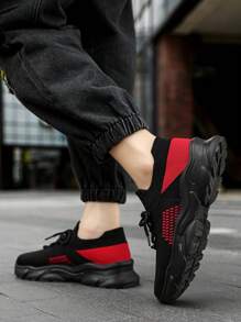 Men's Contrast Color Mesh Breathable Low-Top Cushioned Casual Sneakers, Street Style With Front Laces, Suitable For Outdoor, Commute, Couple Sports