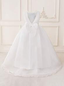 Tween Girls White Backless Trailing Bridesmaid Wedding Party Dress, Elegant Pageant Birthday Party Prom Graduation Formal Gown - White - View 2