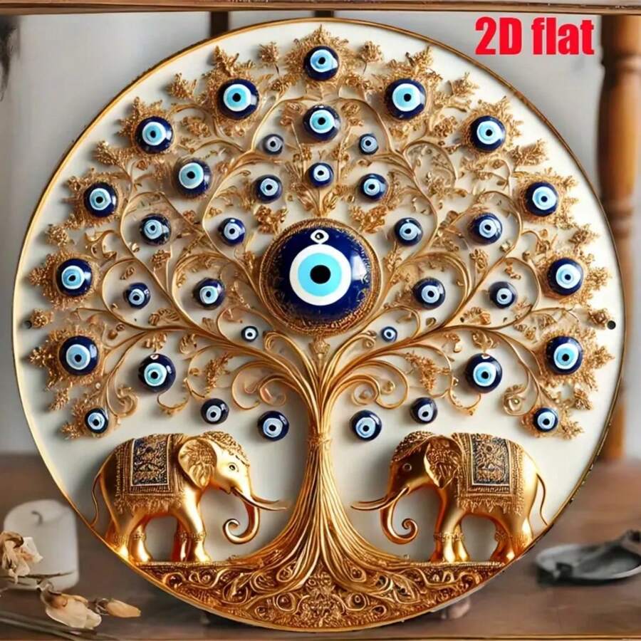 1 Stück 2D flache elegante Boho-Stil Türkisches Böser-Blick-Design, vintage runde Plakette - einzigartiger Metall Wanddekoration für Zuhause, - 20x20cm (7,8x7,8 Zoll) geeignet für Zimmer, Bar, Café und Garage, zufällige Lochposition - Verschiedenfarbig - Übersicht 1