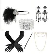 20 件女士 20 世纪 20 年代配饰套装：长袍、了不起的盖茨比风格羽毛头饰、人造珍珠项链、手套舞会万圣节