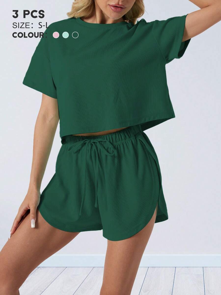 Women's Pajama Set, Two-Piece Short-Sleeve Top And Shorts Lounge Outfit, Loose Fit, Waffle Pattern, Drawstring Design, Round Neck, Short Sleeves, Slitted Shorts Design, Sporty Casual Style, Lounge, Pajama Set. - Màu xanh lá cây đậm - Xem 1