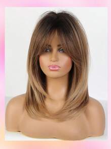 16 Zoll natürlicher Farbverlauf Schwarz Braun mittellanges lockiges Perücke aus hitzebeständiger Synthetikhaar Perücke mit Pony in Acht-Form für Frauen, für den täglichen Gebrauch, Partys, Muttertag, Musikfestivals