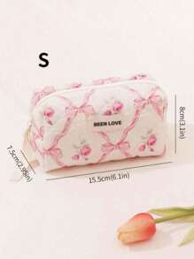 1Pc/Set Bow Knot & Rose Design Quilting Cosmetic Bag, Fashionable Portable Makeup Bag, Multi-Functional Storage Bag For Lipstick, Sanitary Napkin, Coins, Keys Etc, Large Capacity Lovely Wash Bag For Travel Organizer Cosmetic Bag For Travel, Mother's Day Gift, Valentine's Day, Anniversary. Summer Travel, Vacation Home Bathroom Decor Holiday Makeup Organizer Bathroom Accessories Back To School