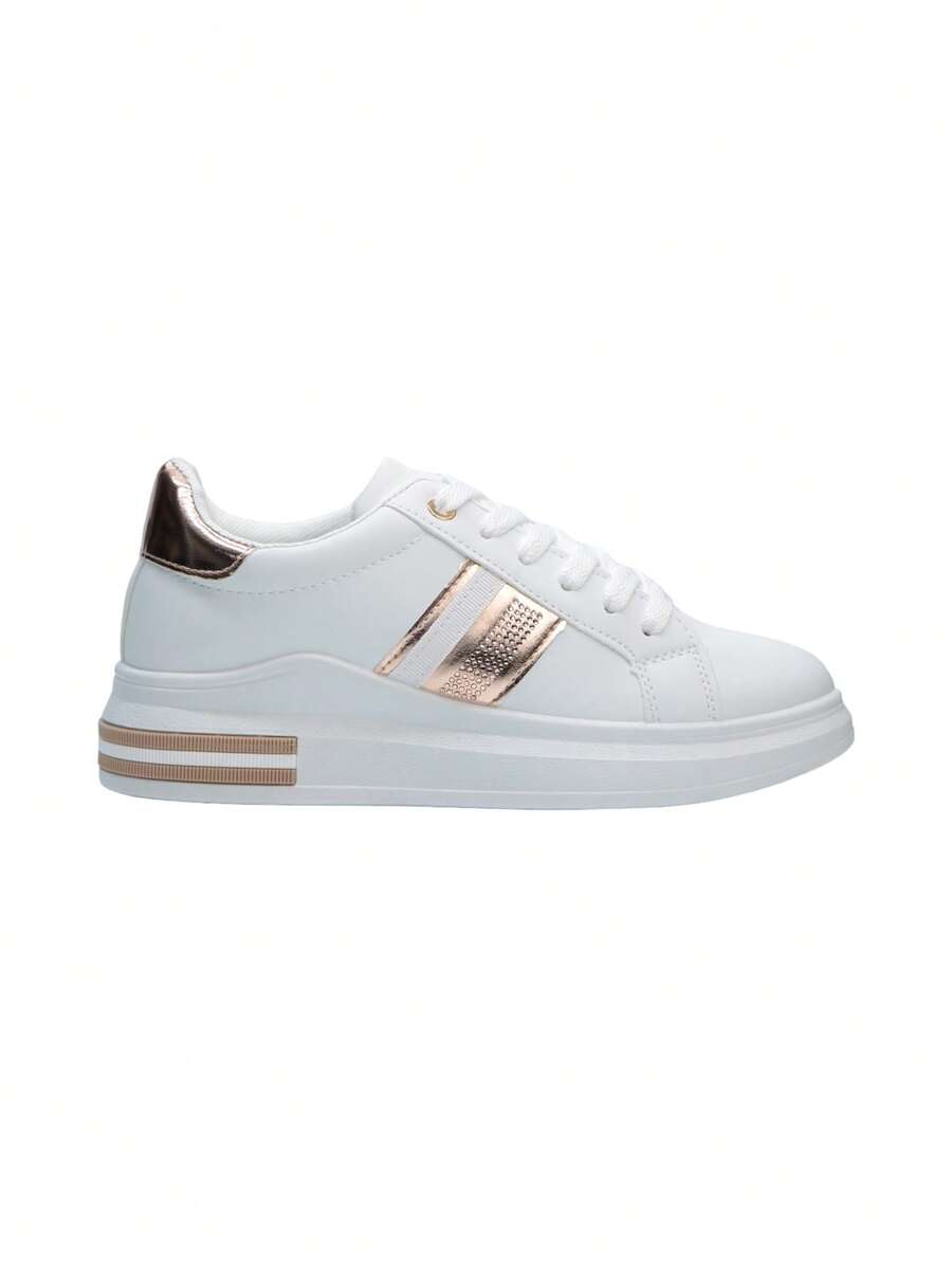 Classic Comfortable Minimalist Fashionable Casual Shiny Metallic Panel Sneakers - Champagne - View 1