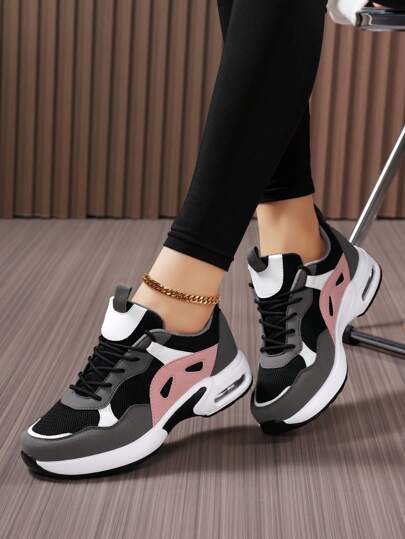 Plus Size Air Cushion Lightweight Casual Women Shoes, Black Patchwork Sports Shoes For Women Women's Platform Thick Bottom Sports Shoes Women's Wedge Sneakers Thick Sole Increase Height Women Sports Shoes Increase Height Men Shoes Men's Thick Sole Shoes Lace-Up Simple Couple Leisure Travel Shoes, Men's Sports Shoes