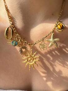 1 件优雅复古 18K 镀金不锈钢螃蟹、海星、贝壳和虎眼石吊坠项链，高端女士珠宝 - 彩色 - 查看 3