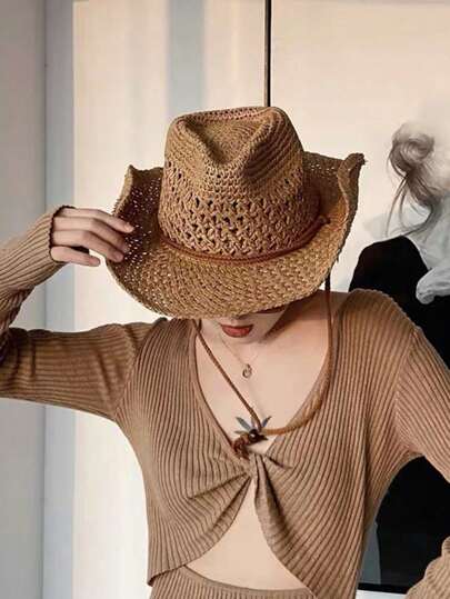 Boho 1pc Ladies' Hollow Out Woven Straw Hat In Beige With Western Cowboy Style Design, Sunscreen, Breathable, And Windproof Rope For Beach Vacation And Daily Wear In Summer