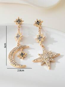 1 par de pendientes largos con diseño estrella y luna de estilo árabe de lujo con decoración de rhinestones, diseño bicolor versátil adecuado para uso diario y el Ramadán, regalo perfecto para familias