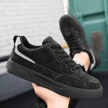 （建议选大一码）男士纯灰色系带滑板鞋，简约圆头厚底高帮运动鞋 - 黑色 - 查看 8