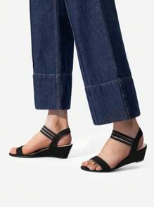 Womens Open Toe Espadrilles Dressy Platform Sandals Slip On Elastic Ankle Strap Wedges Sandals - Black - View 4