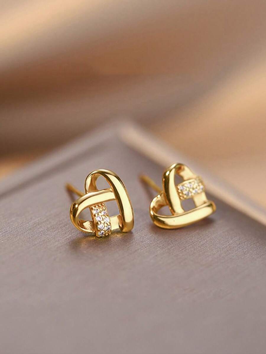 1-Pair Teen Girls' Gold Heart Stud Earrings Hypoallergenic Surgical Steel Secure Lock Backs Cute Jewelry For Birthdays, Graduation & Valentine's Day Gifts - Multicolor - View 1