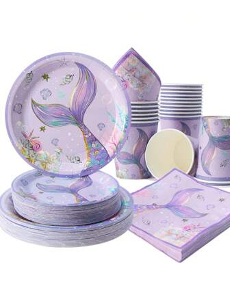 Purple Mermaid Tail Theme Disposable Plates, Napkins & Cups, Butterfly "Happy Birthday" Plates, Napkins & Cups, Serve 25 Guests, Disposable Tableware Suitable For Birthday, Wedding, Party, Family Picnic