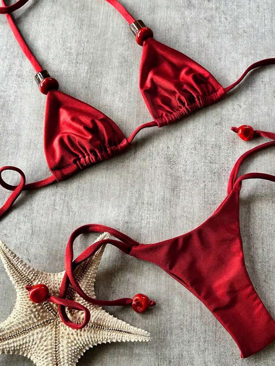 新款春夏性感纯红色比基尼泳衣，适合情人节、海滩、度假、派对、约会等场合。 - 紅色 - 查看 1