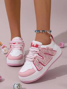 Women's Thick Sole Sneakers, New Spring Autumn Stars Pattern Casual Shoes, Soft Bottom Anti-Slip Lightweight Comfortable, Pink - Red and White - View 4