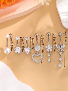 Set de 6 anillos de ombligo de acero inoxidable con forma de mariposa, corazón y perlas falsas, y anillos de ombligo con forma de corazón de doble garra para mujeres