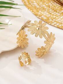 1 Set Minimalist Fashionable Multi-Leaf Mini Metal Bracelet + Ring Jewelry Set, Exaggerated Design Suitable For Gift To Friends & Relatives - Yellow Gold - View 3