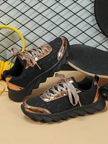 Women's Casual Outdoor Sports Shoes With Gold Mirror Leather & Black Mesh Panels, Breathable & Lightweight - View 3