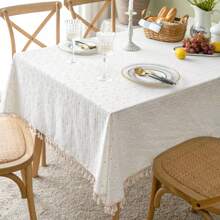 1pc Square Tassel Tablecloth, Delicate Rustic Daisy Pattern Dust-Proof Tablecloth With Tassels, Suitable For Picnics, Parties, Room, Kitchen, Home Decor