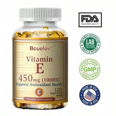 Bcuelov Cápsulas de vitamina E 450 mg - Antioxidante, apoyo al cabello, la piel, las uñas y la salud ocular - 120 cápsulas blandas