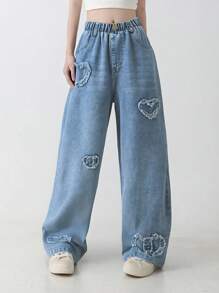 Tween Girls Stylish New Casual Straight Leg Heart Embroidered Jeans Pants - Blue - View 9