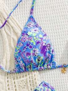 New Soft Fabric Printed Halter Tie Bikini Set, Elegant Party Beach Fashion For Ladies