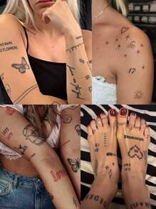 STARTTOOS 30PCS Combination Set Mini Pattern Butterfly Heart Smiling Face Flower Plant Sun Moon Unisex Temporary Tattoo Stickers For Daily Party Holiday Gift Finger Wrist Behind Ear Shoulder Neck Collarbone Body Skin - Black - View 2