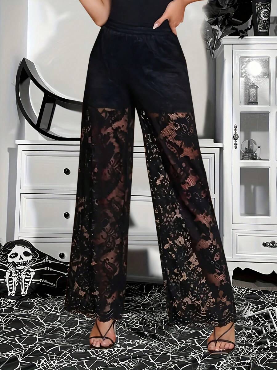 Dark Style Lace Contrast Mesh Long Pants, Minimalist And Fashionable, Suitable For Summer - Black - View 1