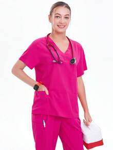 1 Set Women's V-Neck Elastic Work Uniform Suit, Top & Jogger Pants, Soft & Comfortable For Dental Clinic, Nurses, All Seasons Scrub Set - Hot Pink - View 5