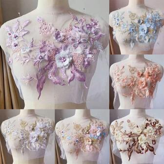 3D Flowers Beaded Lace Fabrics Applique Embroidery Sewing On Patches For Wedding Evening Dress Clothing Patches Scrapbooking