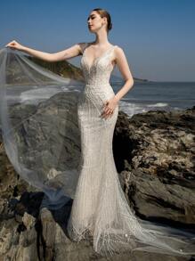 Vestido de novia elegante con espalda descubierta y lentejuelas glamoroso y sexy - Blanco - Ver 8