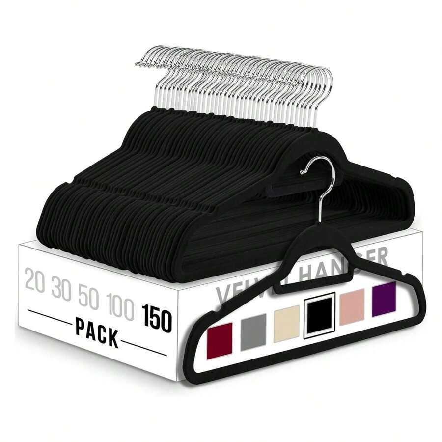 Premium Velvet Hangers 150 Pack - Non-Slip Clothes Hanger With Tie Bar - Black Hangers With 360 Degree Rotatable Hook - Heavy Duty Coat Hanger