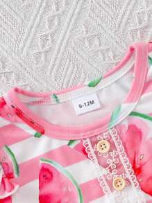 2pcs Baby Girls Watermelon Stripe Print Cap Sleeve Tops & Bow Shorts Set, Casual Fashion Spring/Summer