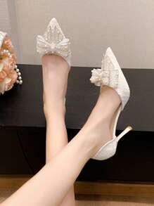 Women's Bow Hollow Out Sandals, Summer Pearl Rhinestone Pointed Toe High Heels, Closed Toe High Heels Thick Wool Fashionable Dress Shoes, Wedding Shoes With Dresses & Cheongsam