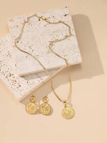 Herseygold 一套铜镀金公鸡硬币项链和耳环，中东阿拉伯时尚首饰，适合节日、婚礼、女性佩戴。 - 金色 - 查看 1