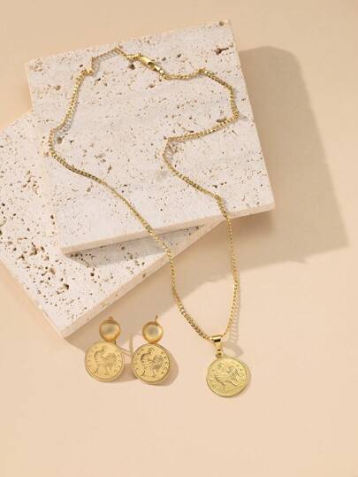 Herseygold 1 Set de Collar y Aretes con Moneda de Gallo Chapada en Oro Cobrizo, Joyería de Moda Árabe de Oriente Medio, Adecuada para Festivales, Bodas, Mujeres