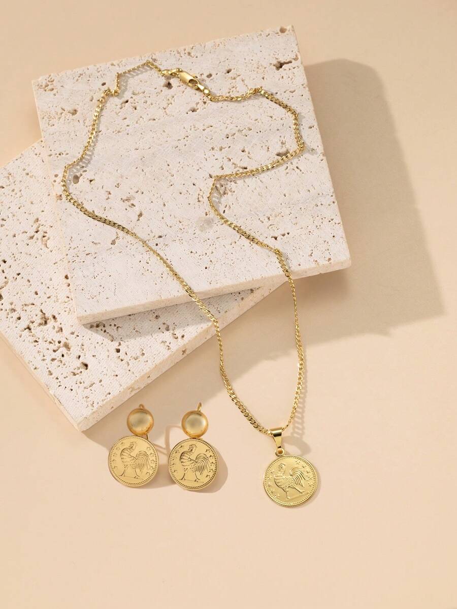 Herseygold 一套铜镀金公鸡硬币项链和耳环，中东阿拉伯时尚首饰，适合节日、婚礼、女性佩戴。 - 金色 - 查看 1