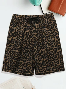 Men's Leopard Print Drawstring Waist Straight Leg Casual Shorts, Breathable & Cool For Summer Vacation & Beach