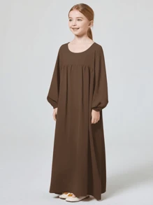 Tween Girls Minimalist Plain Loose Long Sleeve Casual Dress - Coffee - View 5