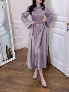 上衣春季新款修腰纯色长袖连衣裙配腰带，女士优雅连衣裙，优雅缎面复古连衣裙，端庄