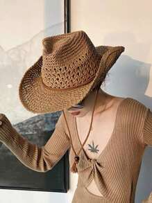 波西米亚风女士镂空编织草帽，米色，西部牛仔风格设计，防晒、透气、防风绳，适合海滩度假和夏季日常穿着