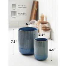 LE TAUCI Utensil Holder 7.3"+5.4" Ceramic Kitchen Utensil Holder For Countertop Large Cooking Utensil Crocks Gift For Mother's Day Costal Ocean Home Kitchen Decor Set Of 2 Glaze Marble Blue