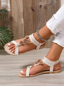 Women's Flat Sandals, Vacation Style, Strap, Beige, Summer 2025, Comfortable, Criss-Cross, Beaded, Fashion Sandals