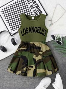 2pcs/Set Young Girl Fashion Summer Outfit, Toddler/Young Kid Letter Print Round Neck Sleeveless Top + Elastic Waist Pleated Skirt Set, Military Green Casual Streetwear Lightweight Breathable Summer Uniform For Elementary School Students