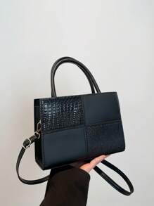 Women's New Fashion Textured Stone Pattern Square Handbag With Dual Top Handles, Crocodile Embossed Shoulder Bag, Adjustable Strap, Casual Travel & Shopping Crossbody Bag